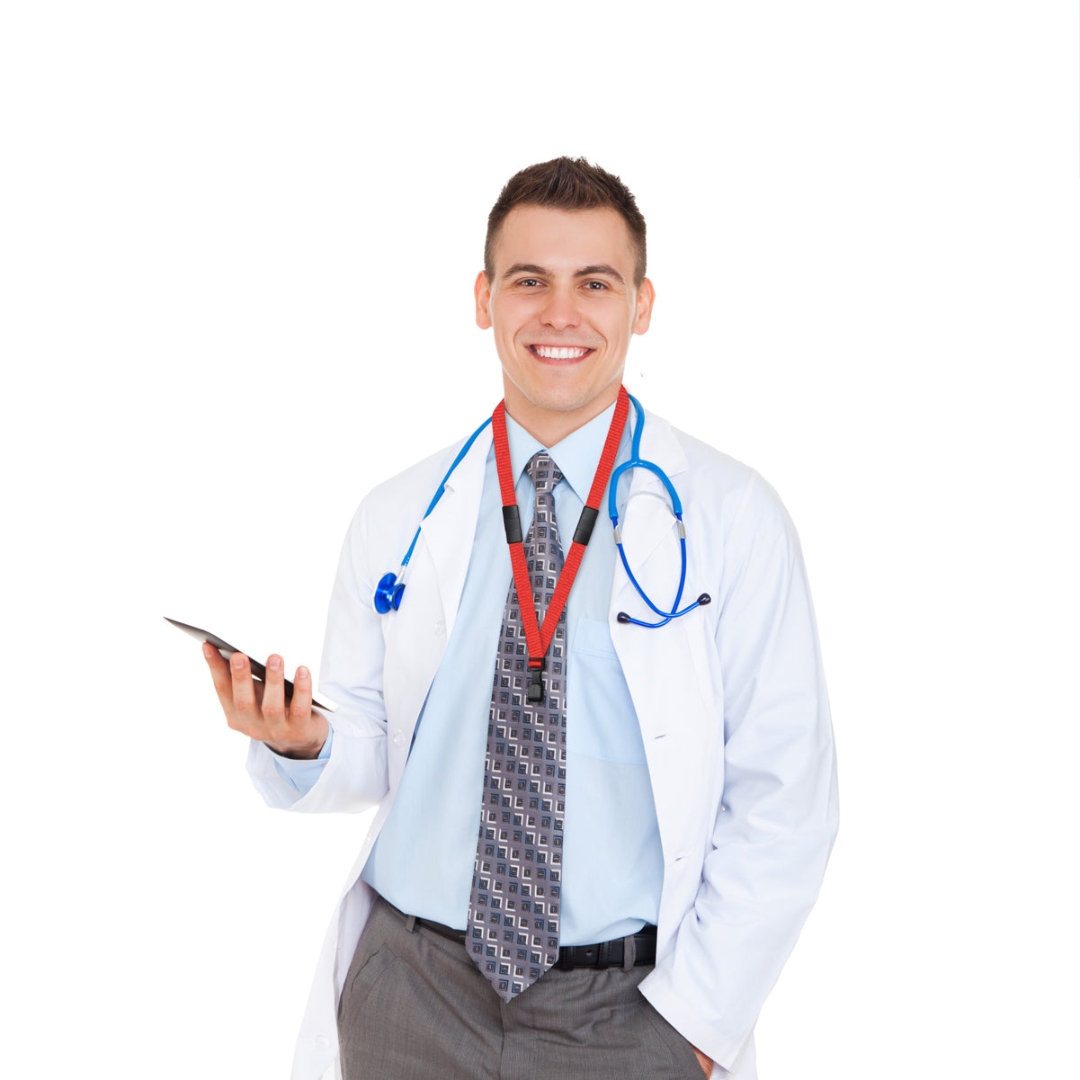 Doctor in white coat, holding a smartphone in his right hand, stethoscope around neck with a Triple Breakaway Lanyard with THREE Safety Breakaway Points (2137-300X), smiling, standing against a plain white background.