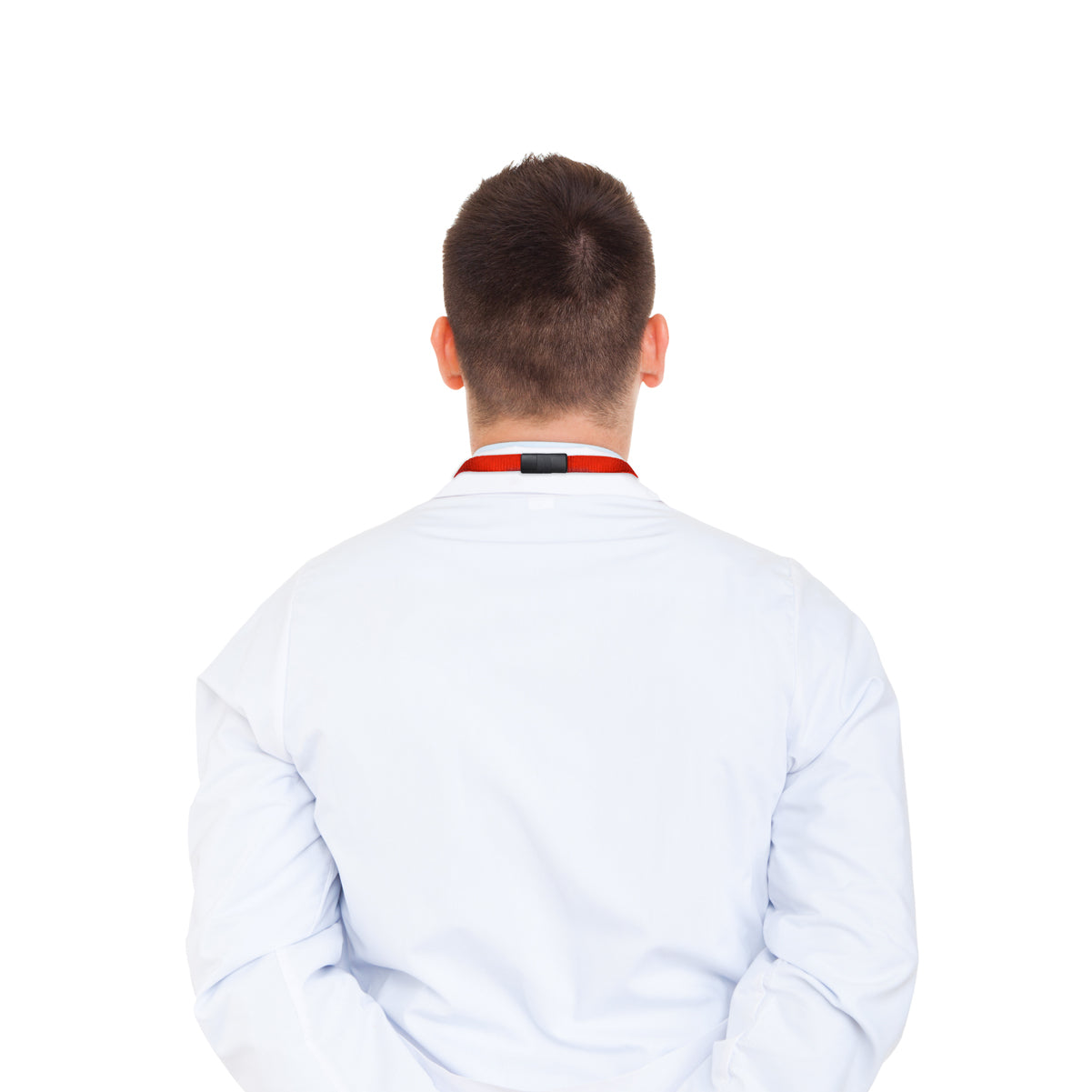 A person wearing a white lab coat and a red Triple Breakaway Lanyard with THREE Safety Breakaway Points (2137-300X), viewed from the back, with their hands behind their back.