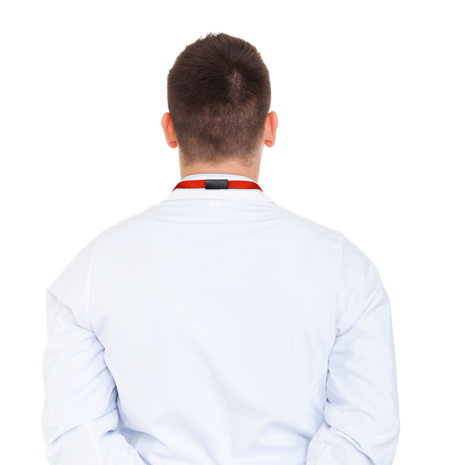 A person wearing a white lab coat and a red Triple Breakaway Lanyard with THREE Safety Breakaway Points (2137-300X), viewed from the back, with their hands behind their back. Sold by Specialist ID.