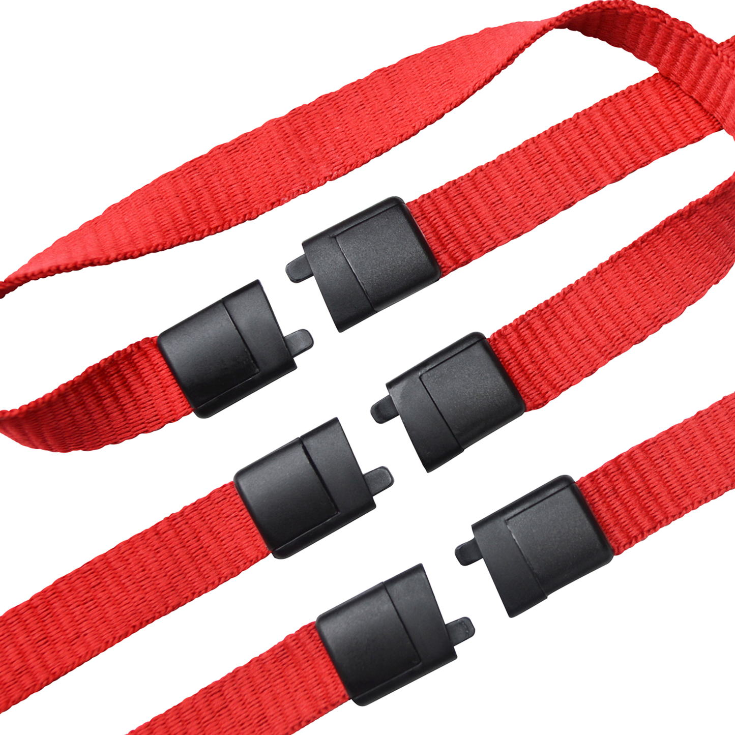 Close-up of red nylon straps with black plastic buckles separated, arranged in parallel lines on a white background, showcasing the safety breakaway design ideal for snag-sensitive environments, featuring the Triple Breakaway Lanyard with THREE Safety Breakaway Points (2137-300X).