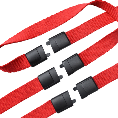Close-up of red nylon straps with black plastic buckles separated, arranged in parallel lines on a white background, showcasing the safety breakaway design ideal for snag-sensitive environments, featuring the Triple Breakaway Lanyard with THREE Safety Breakaway Points (2137-300X).