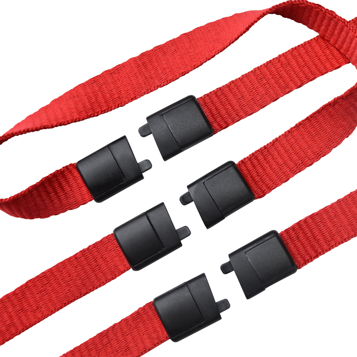 Close-up of red nylon straps with black plastic buckles, arranged in parallel lines on a white background, showcasing the no twist design ideal for snag-sensitive environments, featuring the Triple Breakaway Lanyard with THREE Safety Breakaway Points (2137-300X).