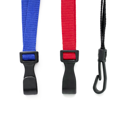 Three diferent colored lanyards with black wide plastic clips displaying the front, back and side view of the clip on a white background. 