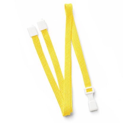 A yellow Breakaway Lanyard with No Twist Plastic ID Clip (MRI & Metal Detector Friendly, 2137-474X) featuring white clasps and buckle, shown laid out on a white background.