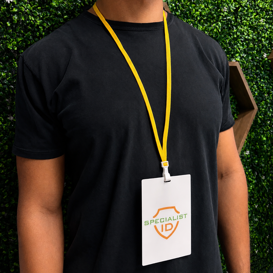 Person wearing a black t-shirt and a yellow Breakaway Lanyard with No Twist Plastic ID Clip (2137-474X), MRI and metal detector friendly, with a white Specialist ID badge, standing before a green leafy wall.