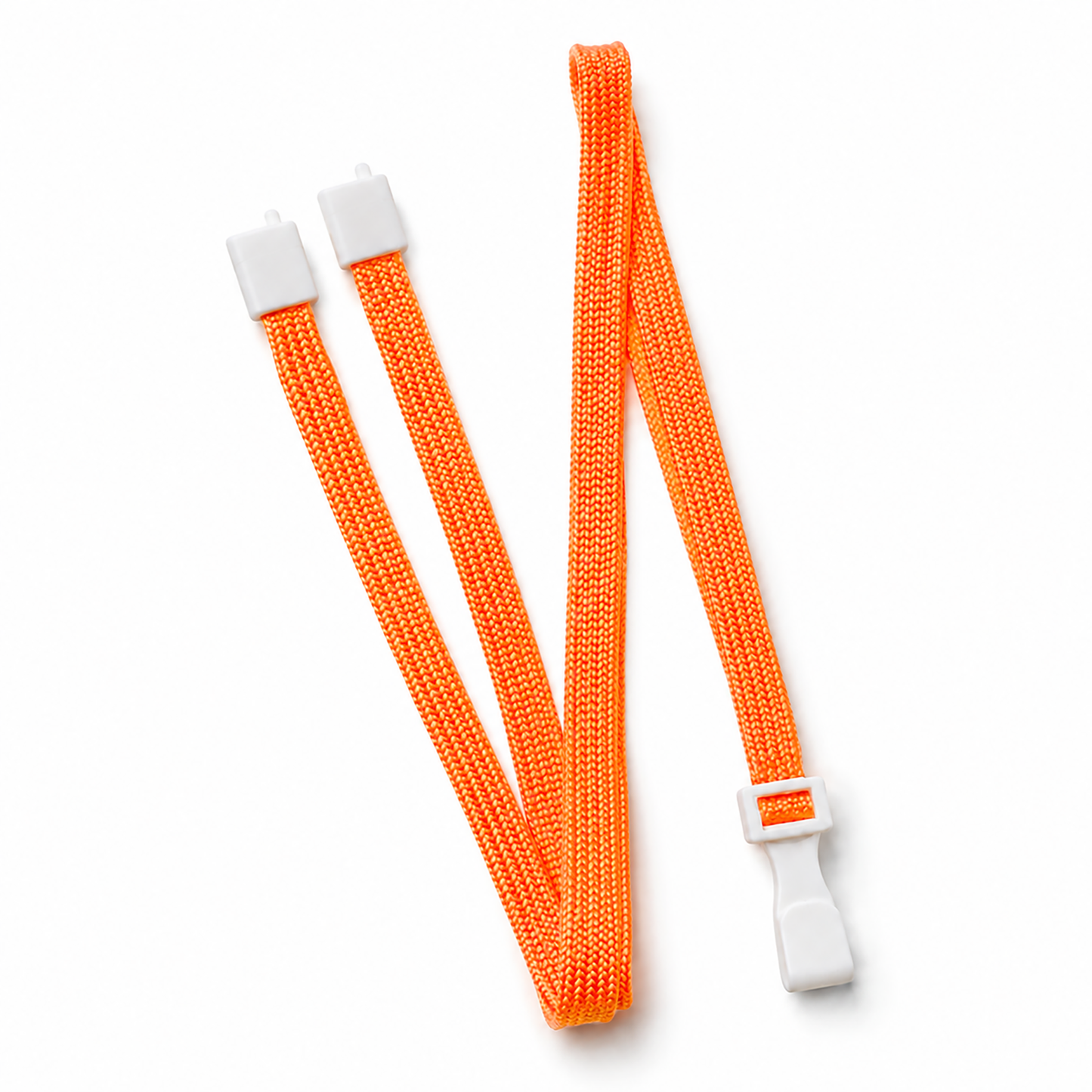The orange Breakaway Lanyard with No Twist Plastic ID Clip (2137-474X), MRI and metal detector friendly, features an orange elastic strap with white plastic clips, adjustable buckle, and no-twist hook, displayed on a white surface.