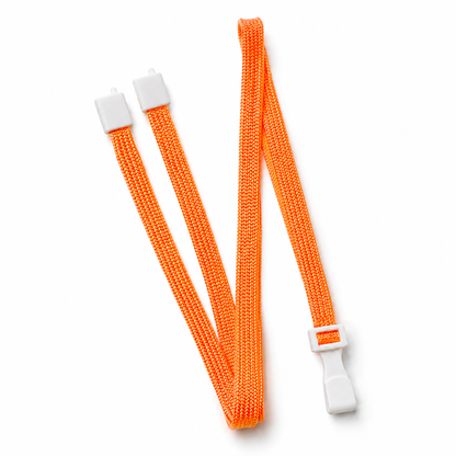 The orange Breakaway Lanyard with No Twist Plastic ID Clip (2137-474X), MRI and metal detector friendly, features an orange elastic strap with white plastic clips, adjustable buckle, and no-twist hook, displayed on a white surface.
