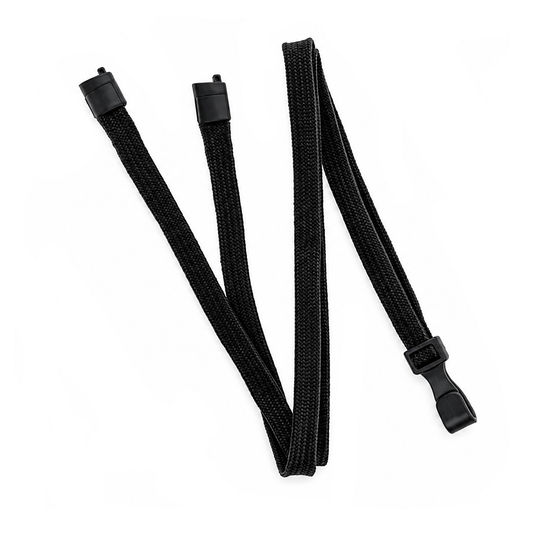 The black Breakaway Lanyard with No Twist Plastic ID Clip (2137-474X), MRI and metal detector friendly, is shown laid out on a white background.