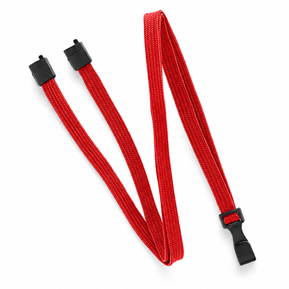A red Breakaway Lanyard with No Twist Plastic ID Clip (MRI and Metal Detector Friendly, 2137-474X) in red, featuring a plastic clip at one end and two black attachments at the other, displayed on a white background.