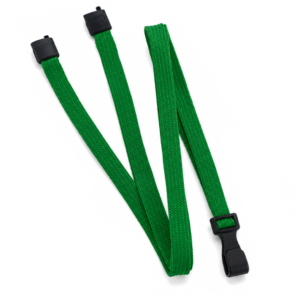 The green Breakaway Lanyard with No Twist Plastic ID Clip (2137-474X) is an MRI and metal detector friendly strap, featuring a green woven elastic design and black plastic clips for secure holding of items.