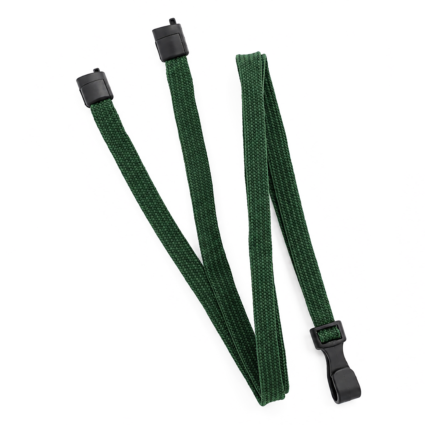 A dark green Breakaway Lanyard with No Twist Plastic ID Clip (MRI and Metal Detector Friendly, 2137-474X) featuring three black plastic clips, displayed against a white background.