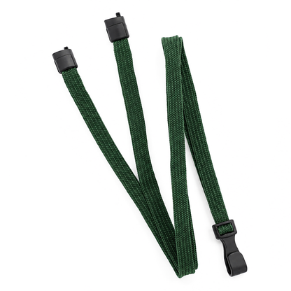A dark green Breakaway Lanyard with No Twist Plastic ID Clip (MRI and Metal Detector Friendly, 2137-474X) featuring three black plastic clips, displayed against a white background.