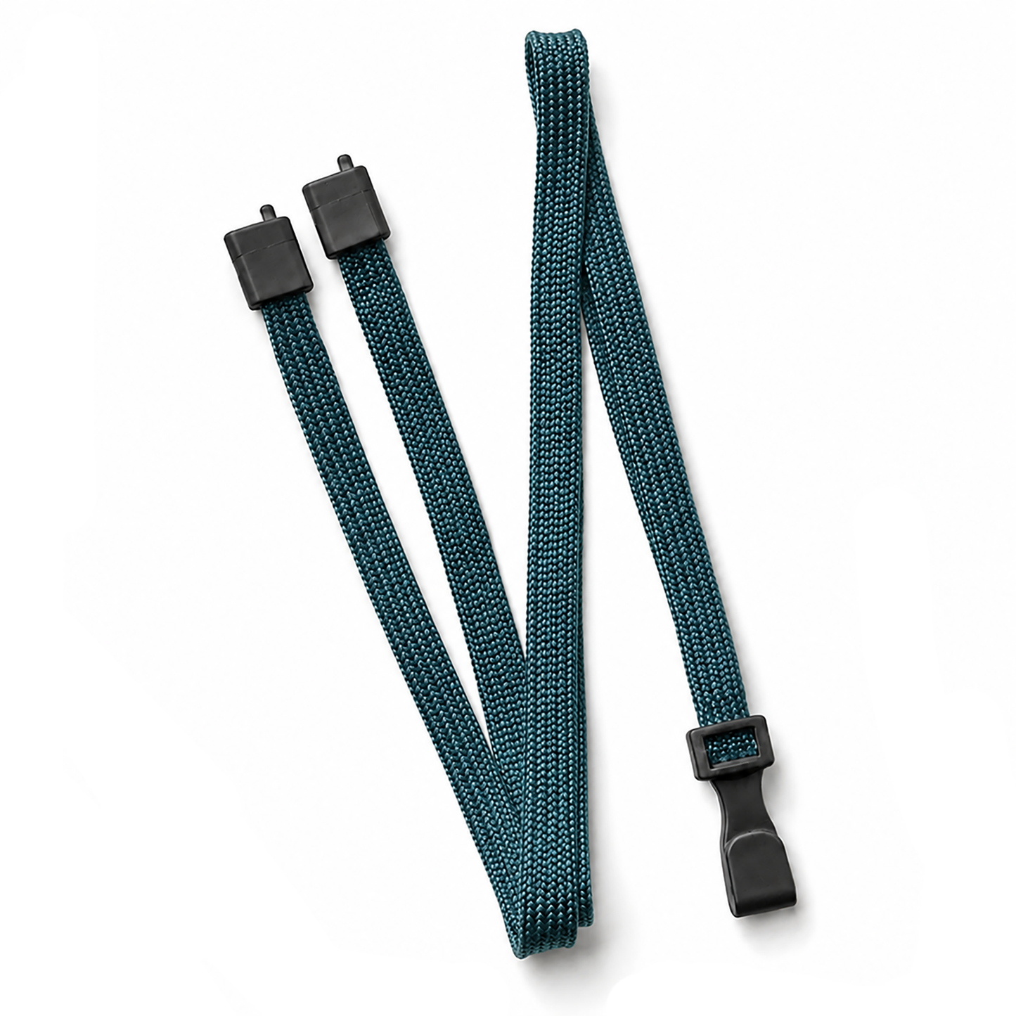 A teal Breakaway Lanyard with No Twist Plastic ID Clip (MRI and Metal Detector Friendly, 2137-474X) features a teal elastic strap, black plastic buckle, and two no-twist hooks, shown laid flat on a white background.