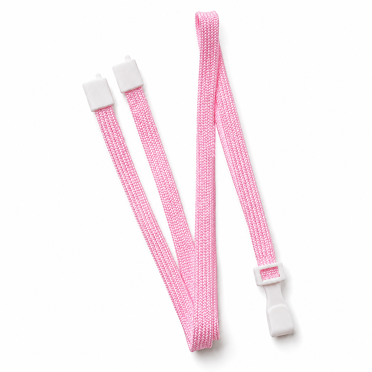 The pink Breakaway Lanyard with No Twist Plastic ID Clip - MRI and Metal Detector Friendly (2137-474X) is a pink woven elastic lanyard with two white plastic clips and an adjustable white buckle, shown on a white background.