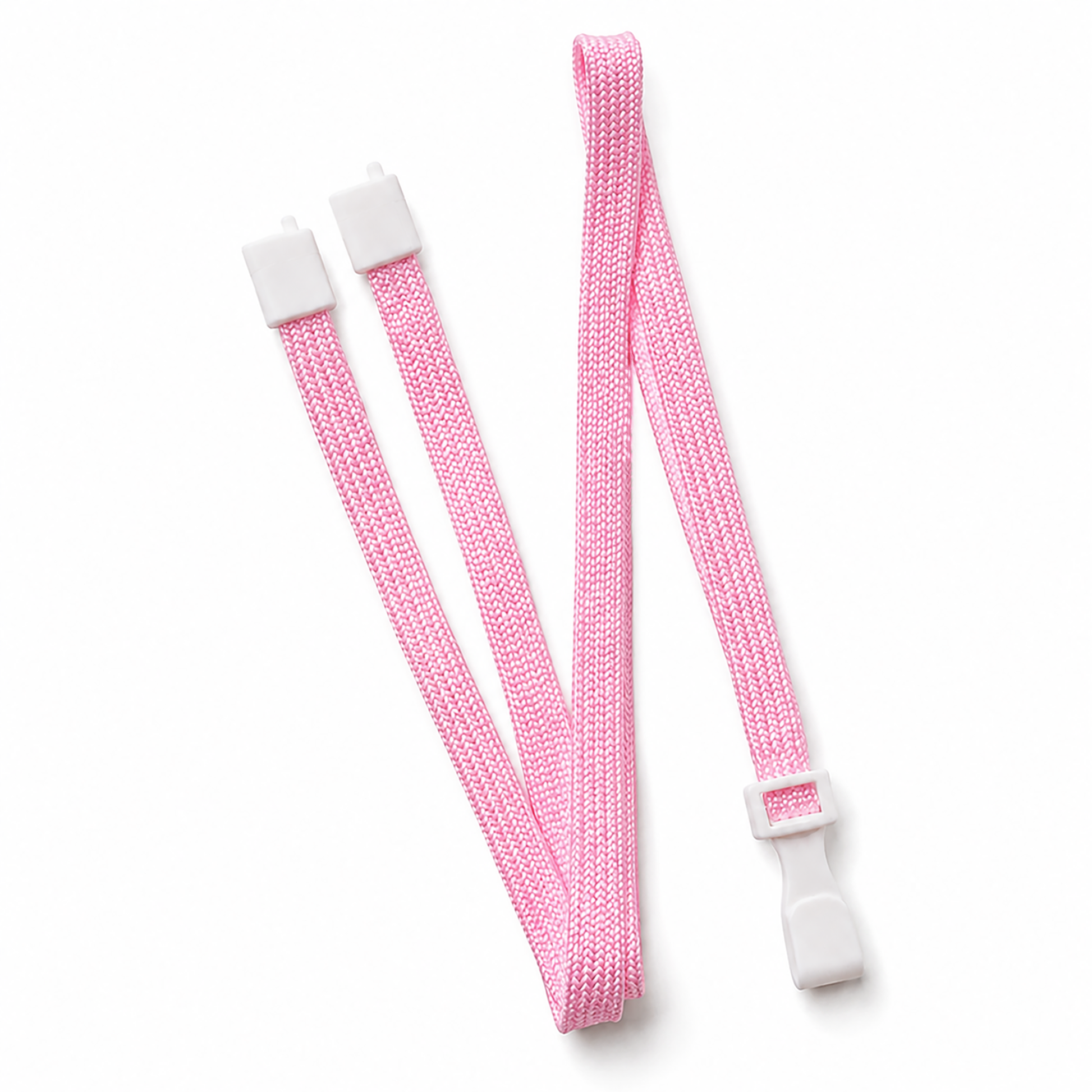 The pink Breakaway Lanyard with No Twist Plastic ID Clip - MRI and Metal Detector Friendly (2137-474X) is a pink woven elastic lanyard with two white plastic clips and an adjustable white buckle, shown on a white background.