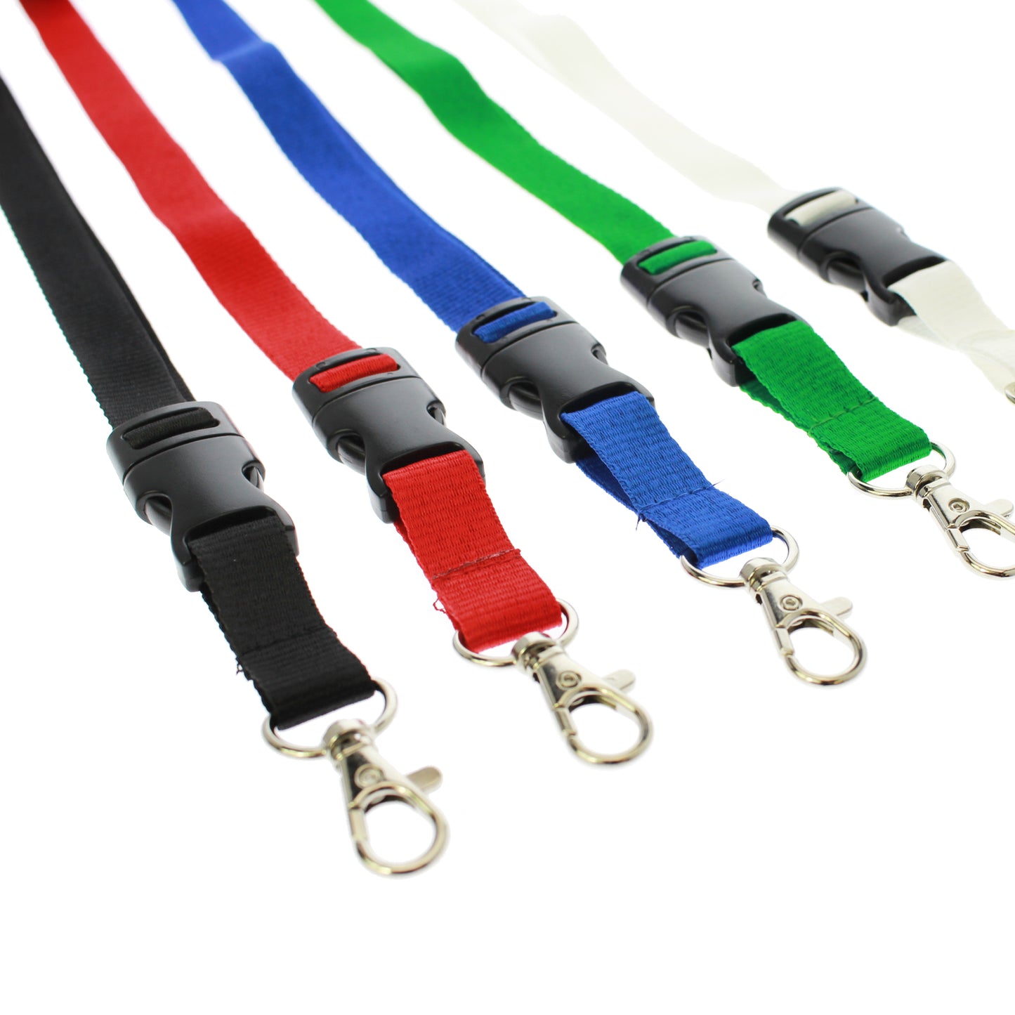 Five Premium Wide Breakaway Lanyards (2138-362X) in black, red, blue, green, and white with detachable lobster claw clasps are laid out parallel on a white background—ideal for holding keys or badges.
