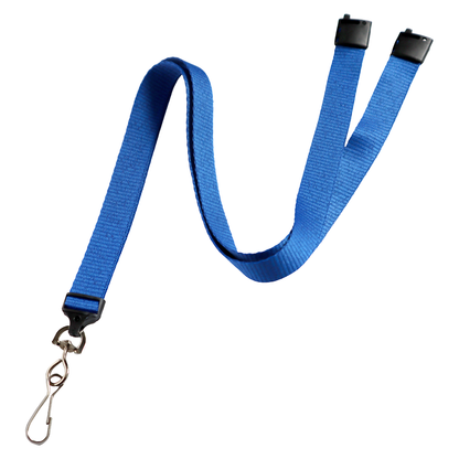 A Flat Wide Breakaway Lanyard with Swivel Hook - 5/8 Inch Width (2138-500X) in blue, featuring black clips on one end. Sold by Specialist ID.