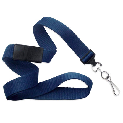 A Flat Wide Breakaway Lanyard with Swivel Hook, featuring a blue color, a black plastic breakaway buckle, a 5/8 inch width, and a metal swivel hook at the end (2138-500X). Sold by Specialist ID.