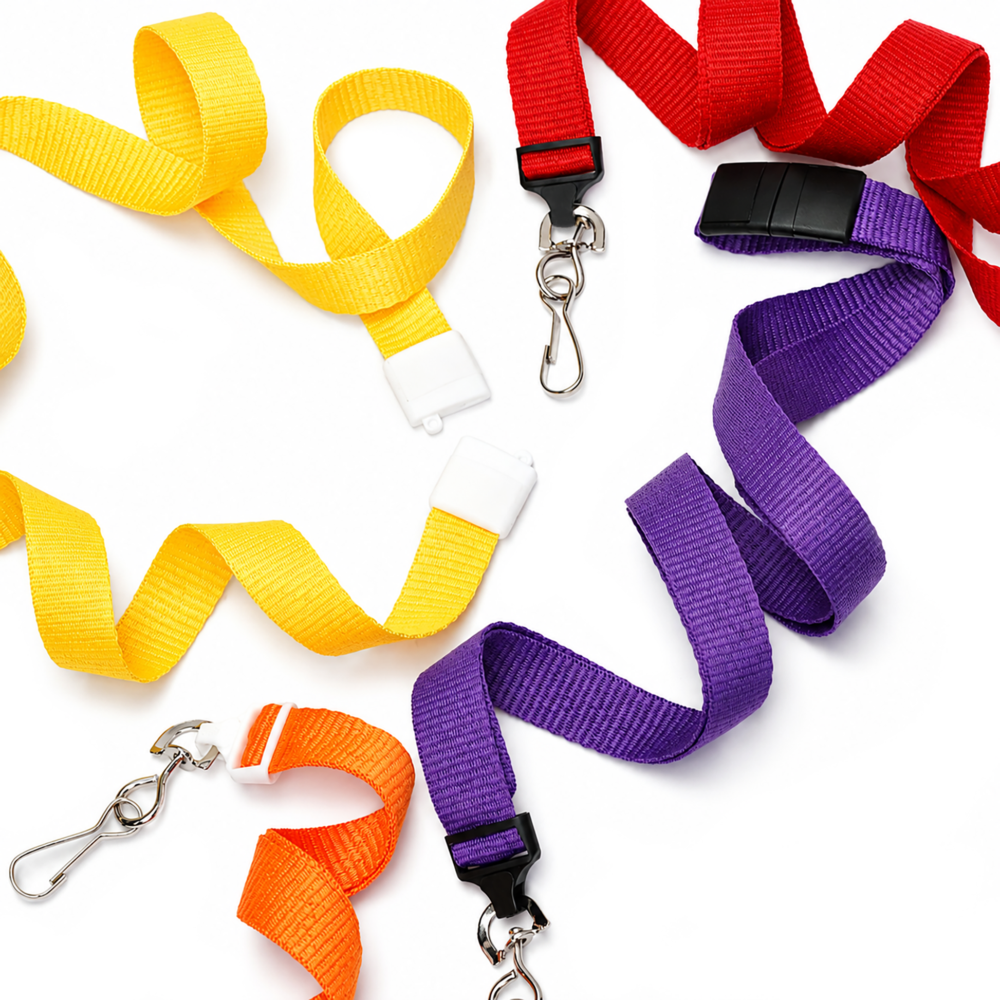 Flat Wide Breakaway Lanyard with Swivel Hook – 5/8" wide, available in yellow, red, orange, and purple (2138-500X); features metal or plastic clips and breakaway safety on a white background.