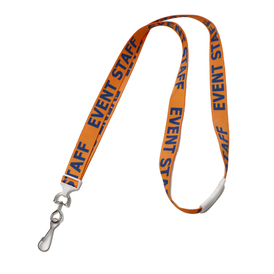 Orange "Event Staff" breakaway flat lanyard with a swivel hook, featuring bold blue text. Sold by Specialist ID.