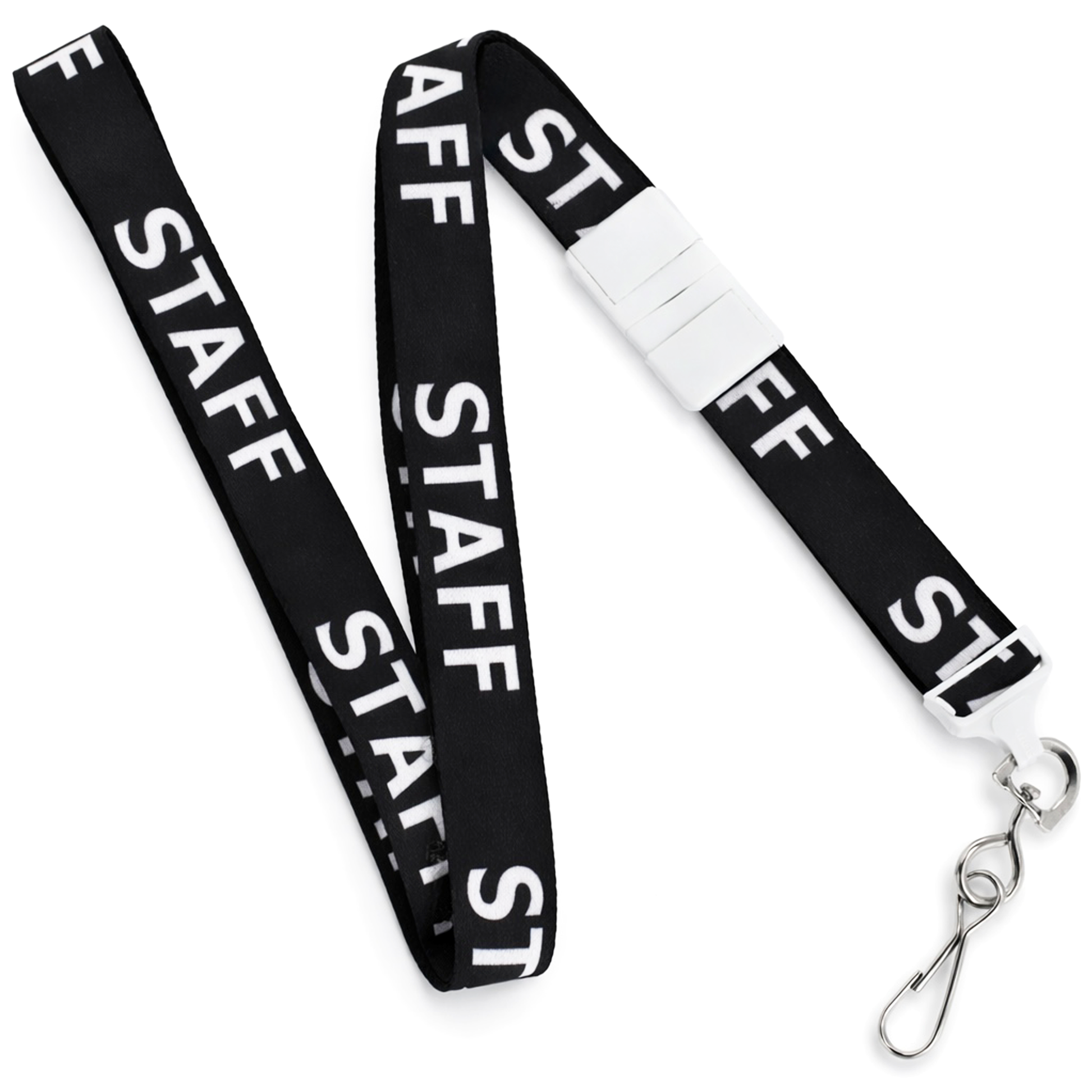 The STAFF Lanyard with Standard Swivel Hook 2138-5210 is a black breakaway lanyard with "STAFF" in white, a plastic safety clip, and metal swivel hook—ideal for secure daily staff identification.