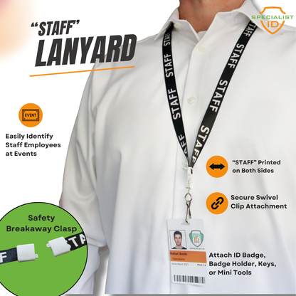 A person wearing a "STAFF" lanyard, featuring a black color and an ID card attachment, showcases its safety breakaway clasp and secure standard swivel hook, as seen in the product named STAFF Lanyard with Standard Swivel Hook 2138-5210.