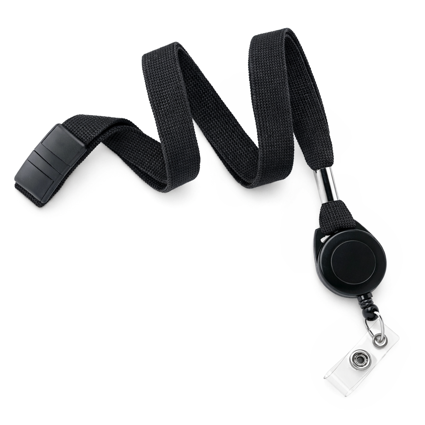 Breakaway Lanyard ID Holder Badge Reel Combo (2138-700X) in black, featuring a retractable badge reel and clear plastic card holder clip, displayed on a white background.
