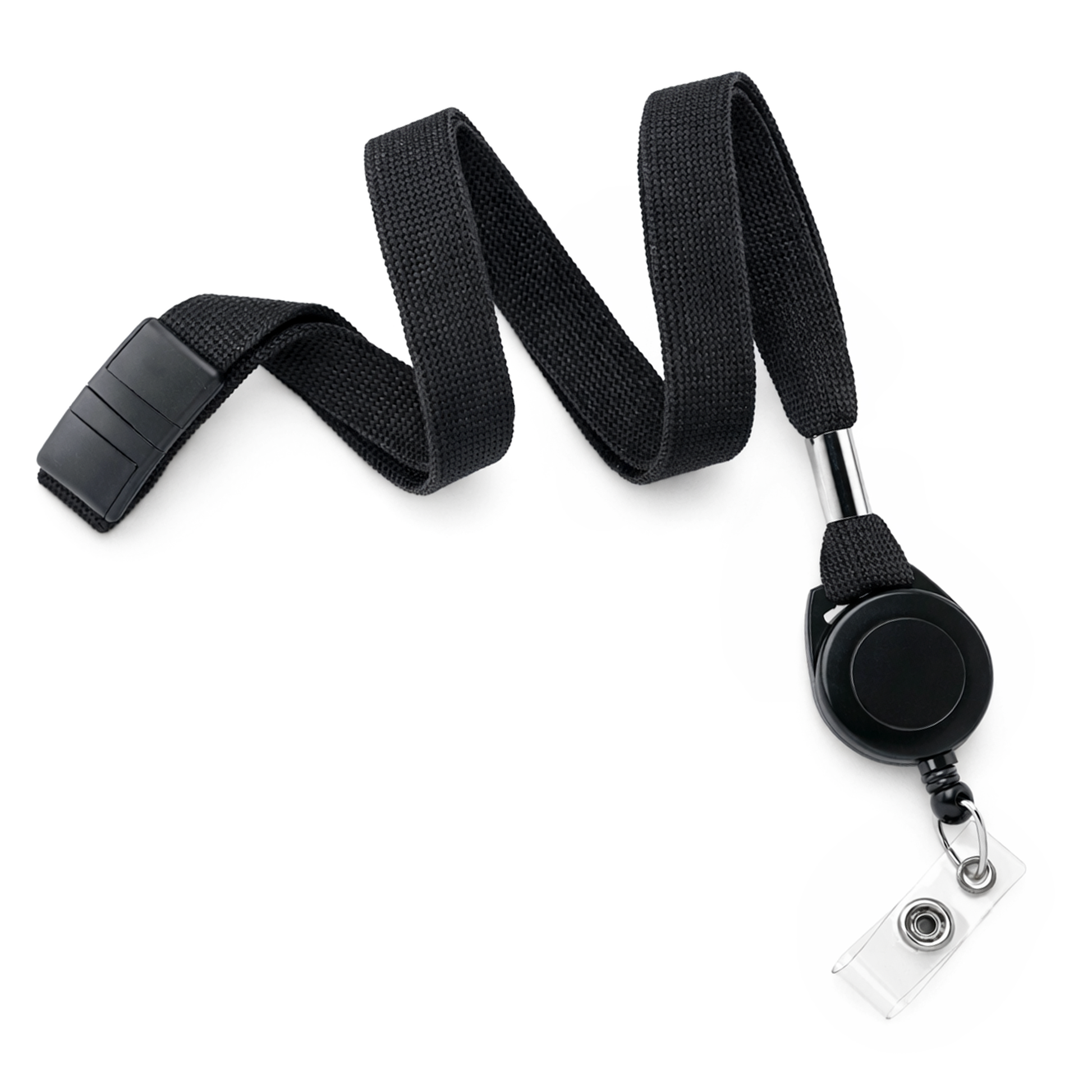 Breakaway Lanyard ID Holder Badge Reel Combo (2138-700X) in black, featuring a retractable badge reel and clear plastic card holder clip, displayed on a white background.