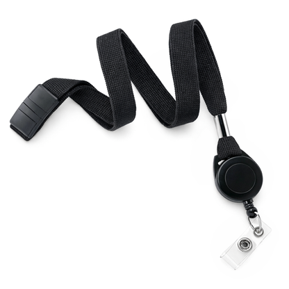 Breakaway Lanyard ID Holder Badge Reel Combo (2138-700X) in black, featuring a retractable badge reel and clear plastic card holder clip, displayed on a white background.