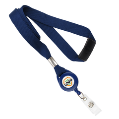 A dark blue Breakaway Lanyard with Custom Badge Reel Combo - Add Your Logo to Customize, featuring a small circular clip with a "Your Logo" design, perfect for enhancing brand awareness with stylish badge reels.