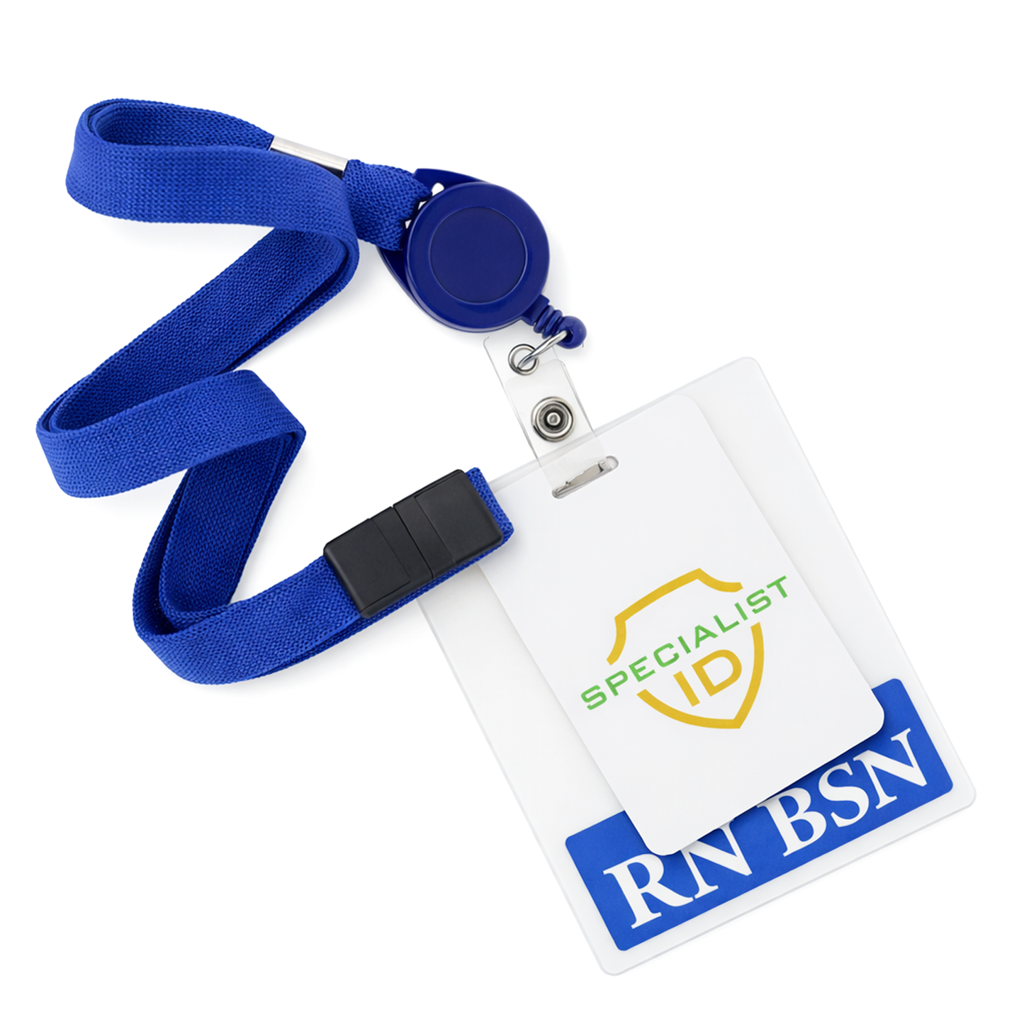 The Breakaway Lanyard ID Holder Badge Reel Combo (2138-700X) displays two visible cards: a "SPECIALIST ID" card with a shield logo and an "RN BSN" badge buddy card in white on blue.