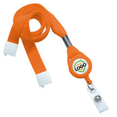 An orange Breakaway Lanyard with Custom Badge Reel Combo - Add Your Logo to Customize, designed for holding ID badges. The reel features a customizable logo placeholder, perfect for brand awareness.