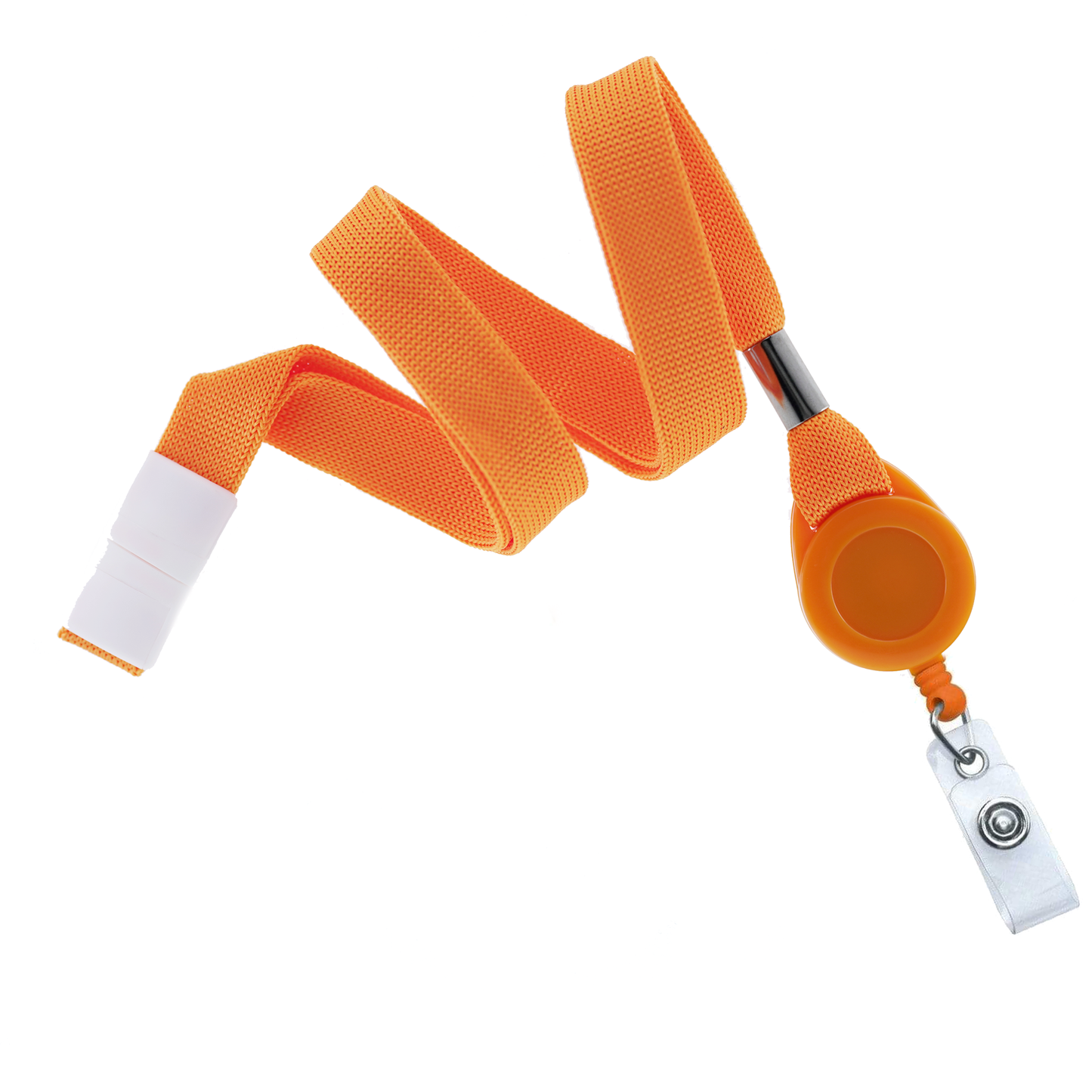Breakaway Orange Lanyard ID Holder Badge Reel Combo (2138-700X) with white breakaway ends, featuring a retractable reel mechanism and retractable reach for added convenience.