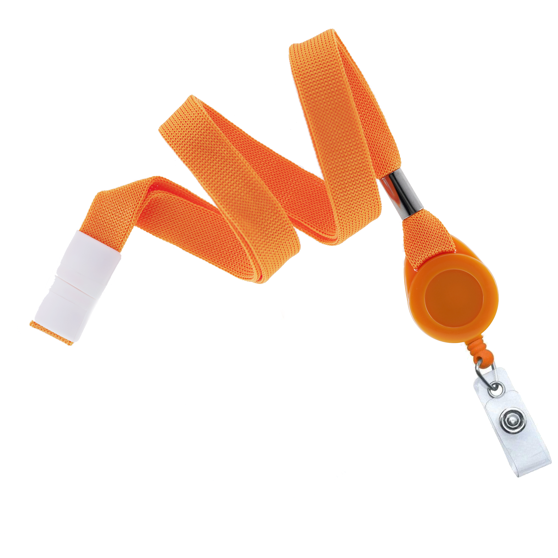 Breakaway Orange Lanyard ID Holder Badge Reel Combo (2138-700X) with white breakaway ends, featuring a retractable reel mechanism and retractable reach for added convenience.