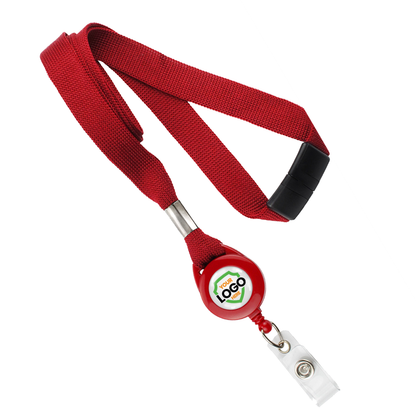 A Breakaway Lanyard with Custom Badge Reel Combo - Add Your Logo to Customize, featuring a clip at the end and a customizable logo in the center of the retractable badge reel. Perfect for improving brand awareness at events.