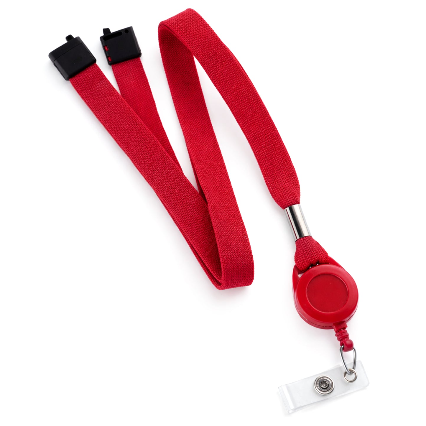 Red breakaway lanyard with a retractable badge reel combo on a white background 