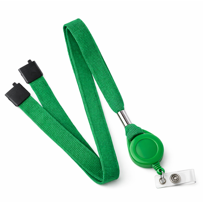 A Green Breakaway Lanyard ID Holder Badge Reel Combo (2138-700X) with a retractable reach, featuring an ID holder badge reel and a convenient breakaway clasp. Sold by Specialist ID.