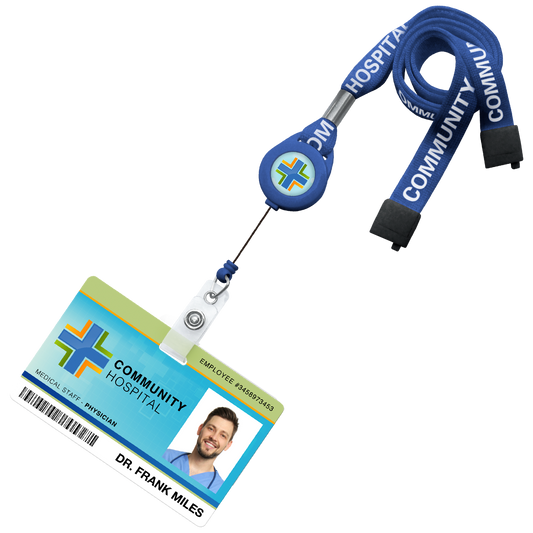Image of a hospital ID badge for "Dr. Frank Miles" attached to a Custom Silk Screen Breakaway 5/8" Lanyard With Custom Badge Reel Combo with "COMMUNITY HOSPITAL" printed on it. The badge features a photo of the doctor and a hospital logo.