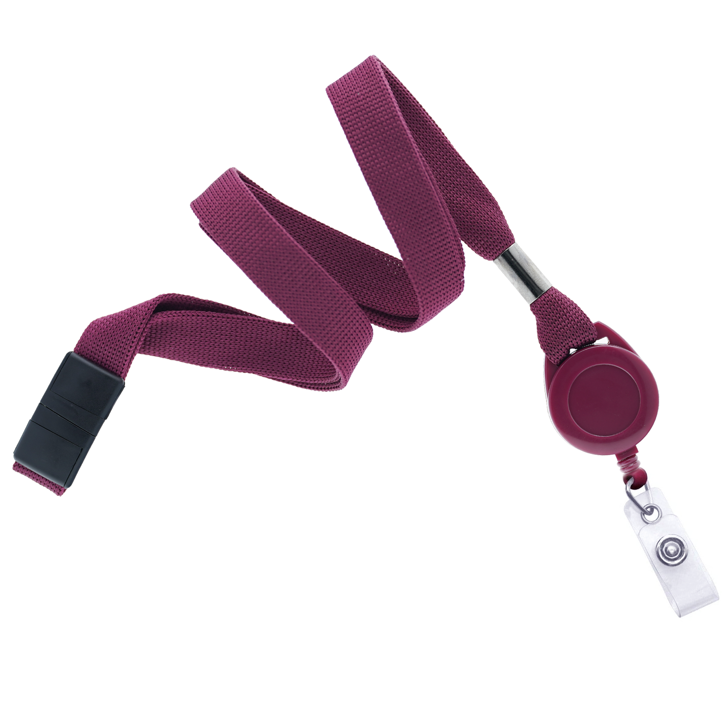 A maroon Breakaway Lanyard ID Holder Badge Reel Combo (2138-70XX) featuring a retractable badge reel and a transparent plastic clip for securely holding an ID card.