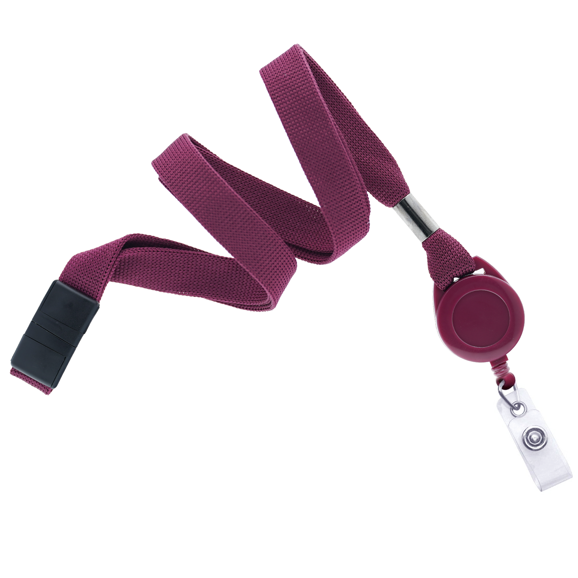 A maroon Breakaway Lanyard ID Holder Badge Reel Combo (2138-70XX) featuring a retractable badge reel and a transparent plastic clip for securely holding an ID card.