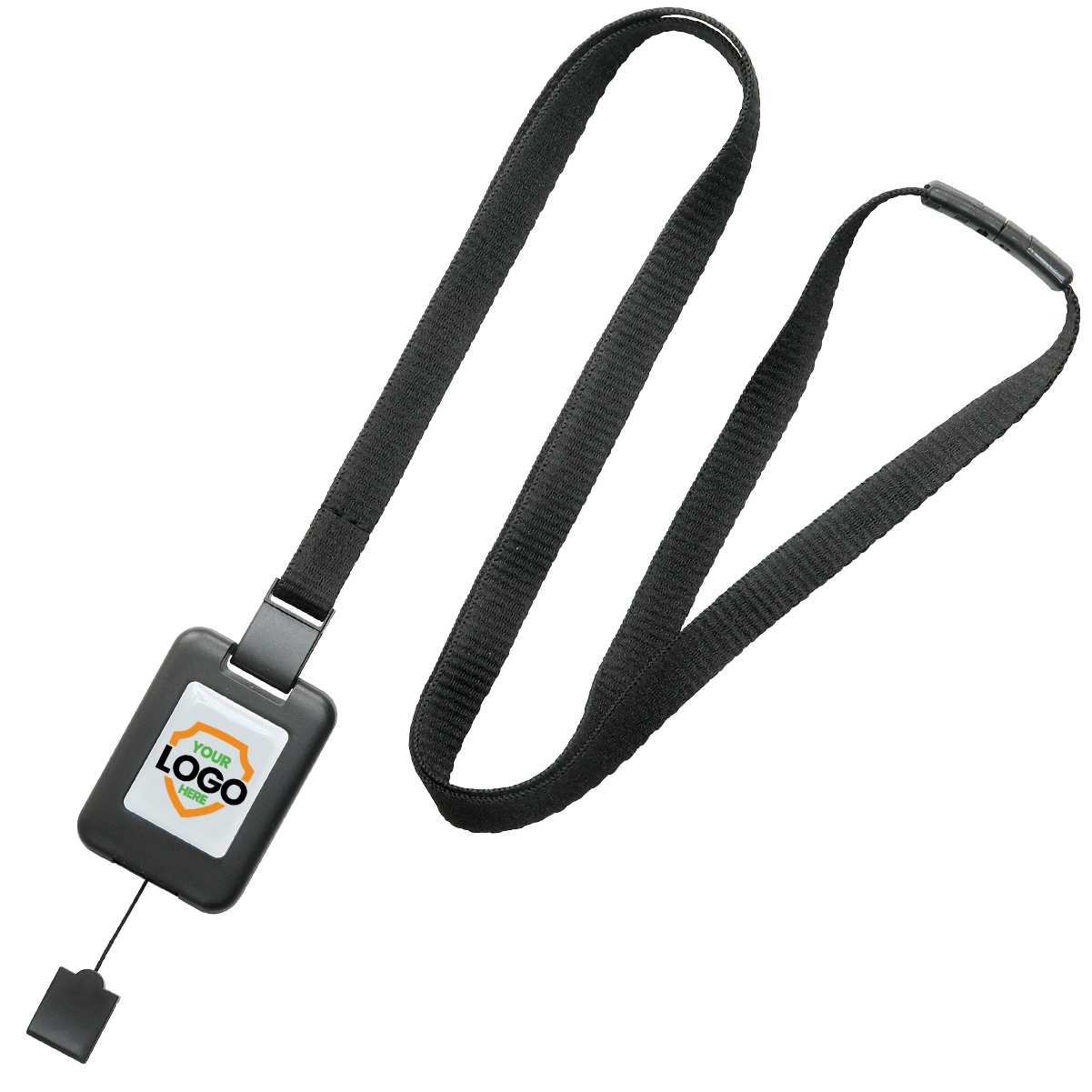 A Customizable SlimReel Breakaway Lanyard ID Holder Badge Reel Combo (2138-800X) with a retractable badge holder, featuring a central space for your company logo. This versatile ID badge reel combo ensures both style and functionality.