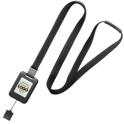 A Customizable SlimReel Breakaway Lanyard ID Holder Badge Reel Combo (2138-800X) with a retractable badge holder, featuring a central space for your company logo. This versatile ID badge reel combo ensures both style and functionality.