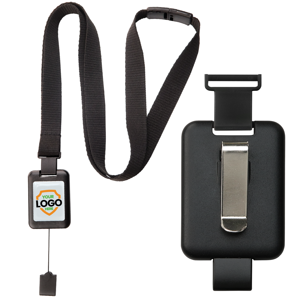 A Customizable SlimReel Breakaway Lanyard ID Holder Badge Reel Combo (2138-800X) with a custom logo badge holder and a separate clip-on ID badge reel combo, viewed from the front and back.
