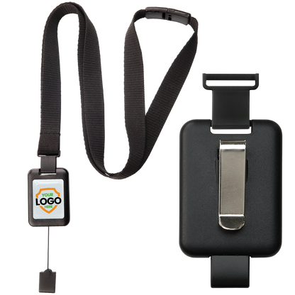 A Customizable SlimReel Breakaway Lanyard ID Holder Badge Reel Combo (2138-800X) with a custom logo badge holder and a separate clip-on ID badge reel combo, viewed from the front and back.