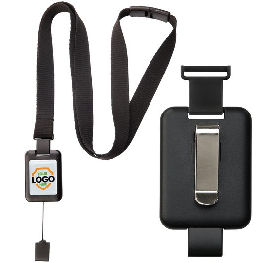 A Customizable SlimReel Breakaway Lanyard ID Holder Badge Reel Combo (2138-800X) with a custom logo badge holder and a separate clip-on ID badge reel combo, viewed from the front and back.