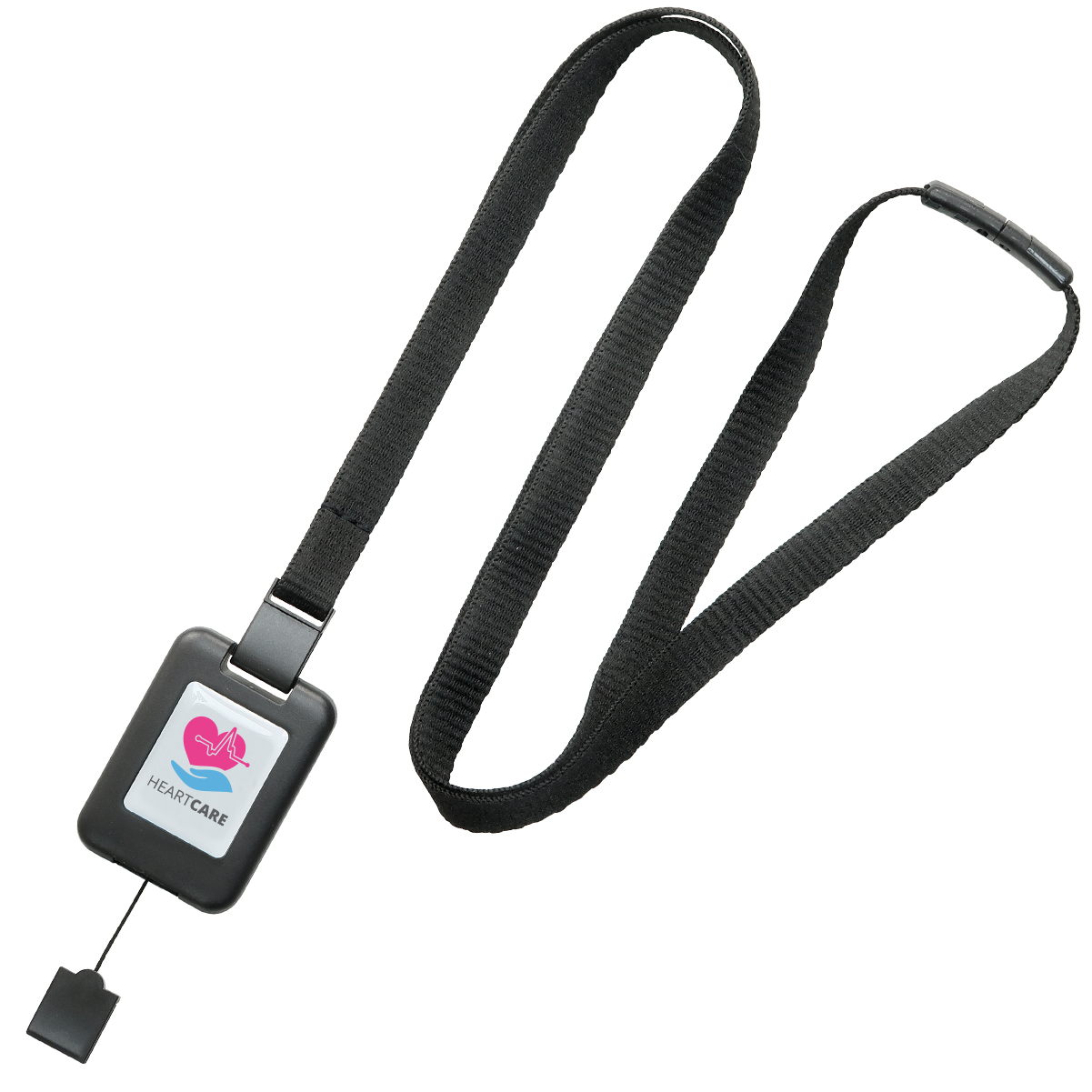A customizable SlimReel Breakaway Lanyard ID Holder Badge Reel Combo (2138-800X) featuring a "Heartcare" logo, a pink heart graphic, and an ID badge reel combo. Sold by Specialist ID.