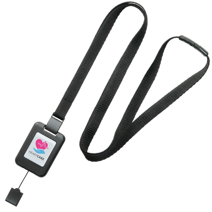 A customizable SlimReel Breakaway Lanyard ID Holder Badge Reel Combo (2138-800X) featuring a "Heartcare" logo, a pink heart graphic, and an ID badge reel combo. Sold by Specialist ID.