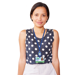 A person with short hair, wearing a sleeveless black and white polka dot top, stands indoors. They have an ID badge on a blue Customizable SlimReel Breakaway Lanyard ID Holder Badge Reel Combo (2138-800X) around their neck.
