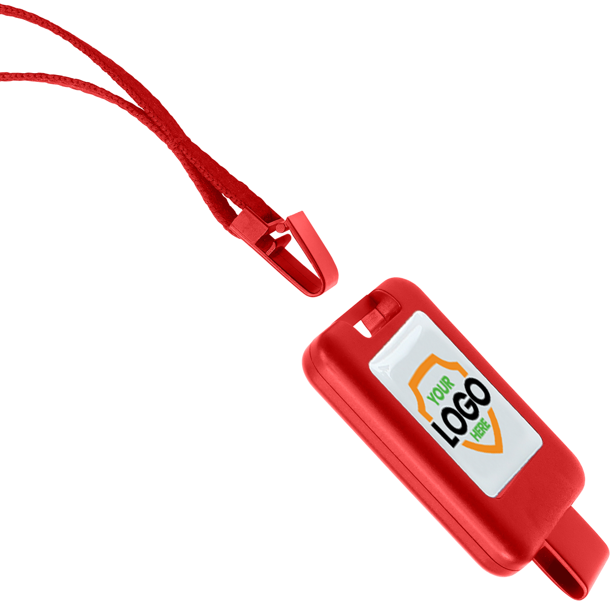 Red USB flash drive with a customizable lanyard attachment, displaying a sticker labeled "YOUR LOGO". This Customizable SlimReel Breakaway Lanyard ID Holder Badge Reel Combo (2138-800X) makes it easy to access and personalize for any need.