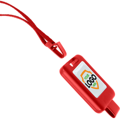 Red USB flash drive with a customizable lanyard attachment, displaying a sticker labeled "YOUR LOGO". This Customizable SlimReel Breakaway Lanyard ID Holder Badge Reel Combo (2138-800X) makes it easy to access and personalize for any need.